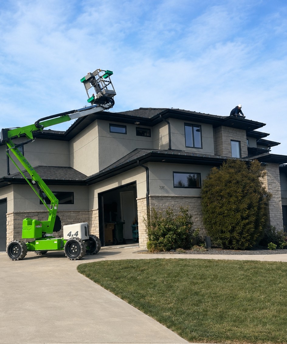 A Shine Bright installer on a boom lift fitting permanent roofline lighting along the eaves of a two-story home on a clear day.